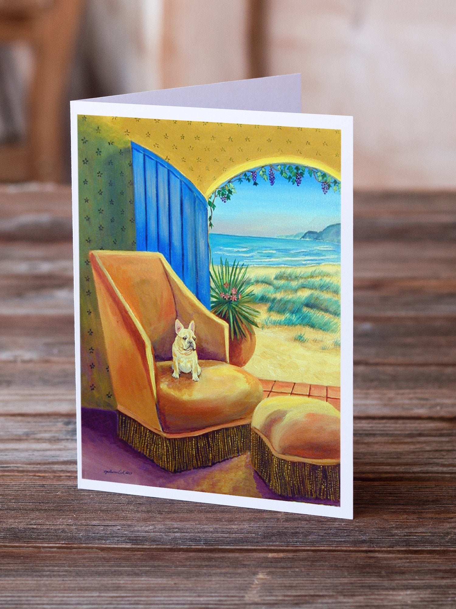 French Bulldog at the beach cottage Greeting Cards Pack of 8 Blank Cards with Envelopes Whimsical A7 Size 5x7