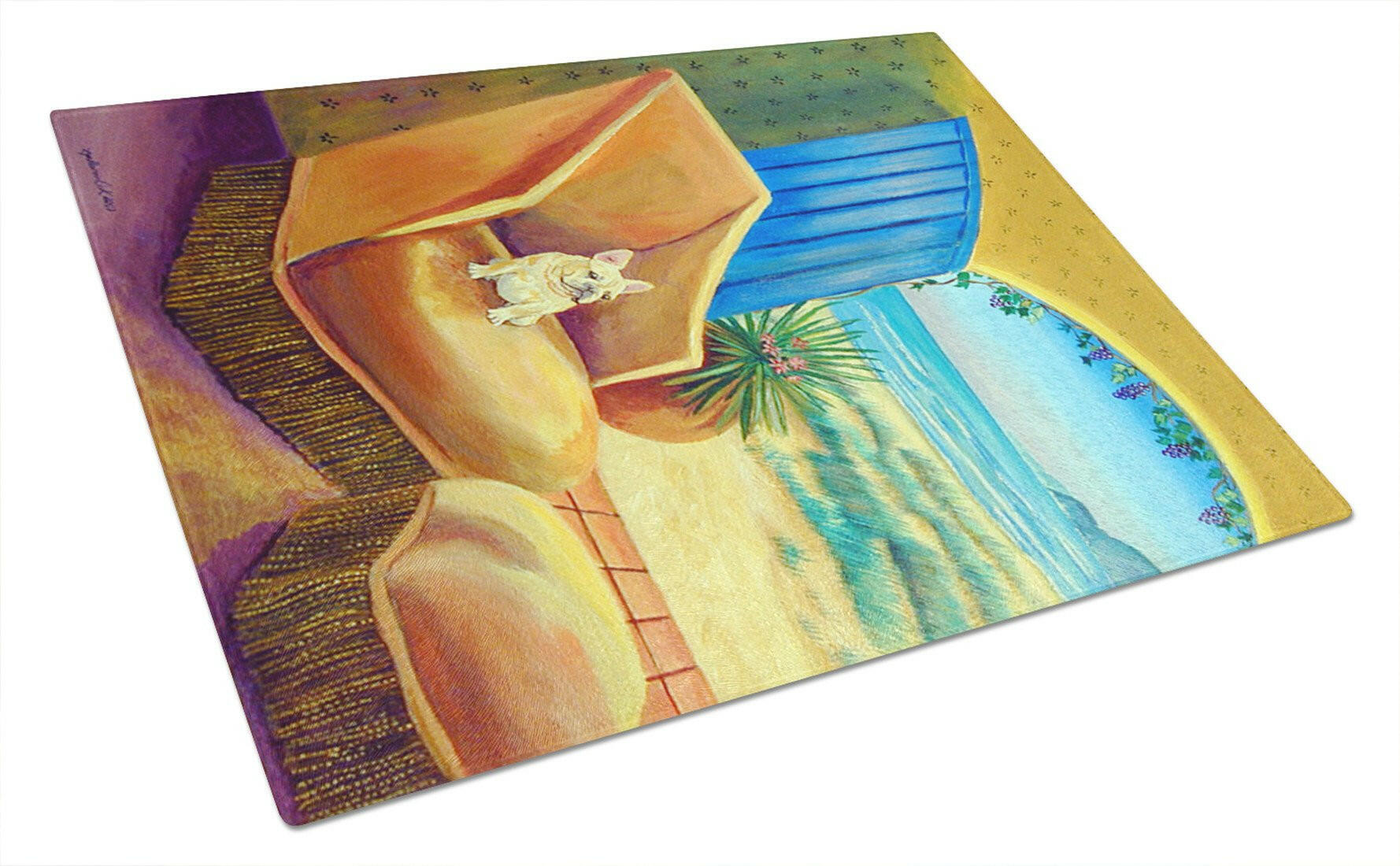 French Bulldog at the beach cottage Cutting Board Tempered Glass Kitchen Cutting Surface, Heat Resistant Chopping, Non-Slip Feet, Food Prep & Serving