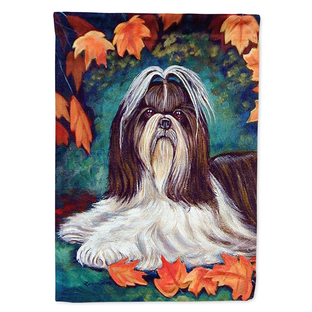 Autumn Leaves Shih Tzu House Flag 28x40 Porch Sleeve Pole Decorative Outside Yard Banner Artwork Wall Hanging, Polyester