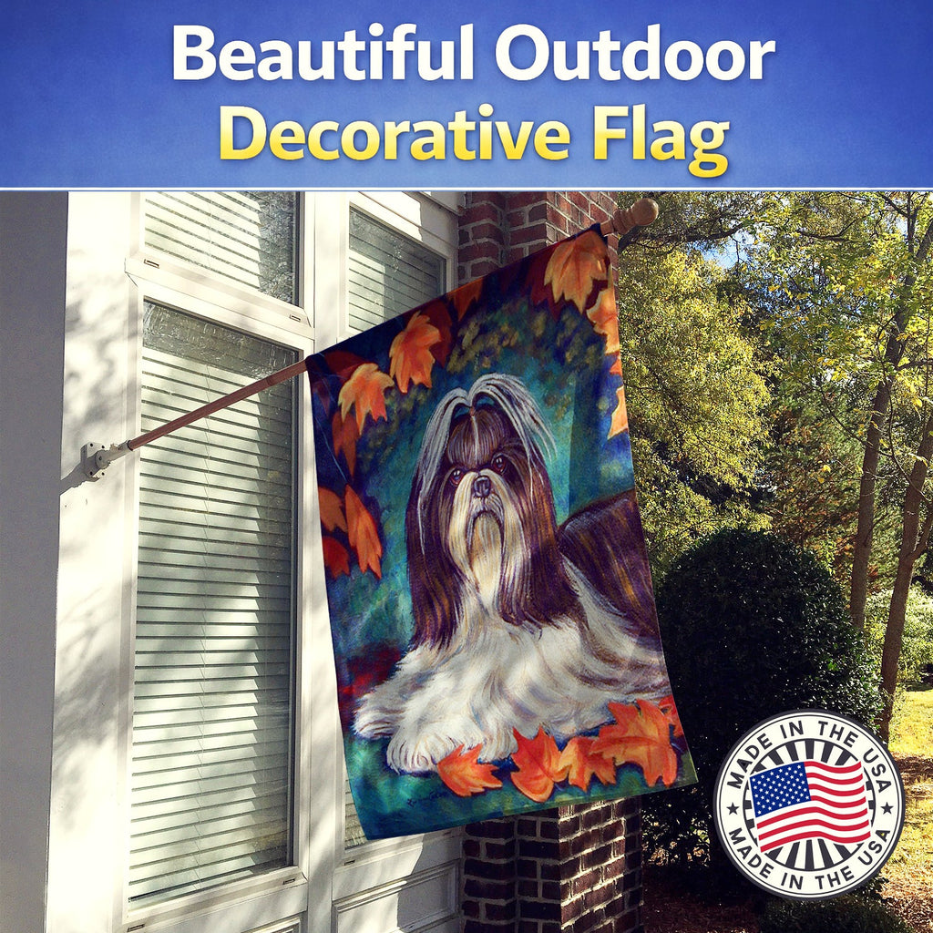 Autumn Leaves Shih Tzu House Flag 28x40 Porch Sleeve Pole Decorative Outside Yard Banner Artwork Wall Hanging, Polyester