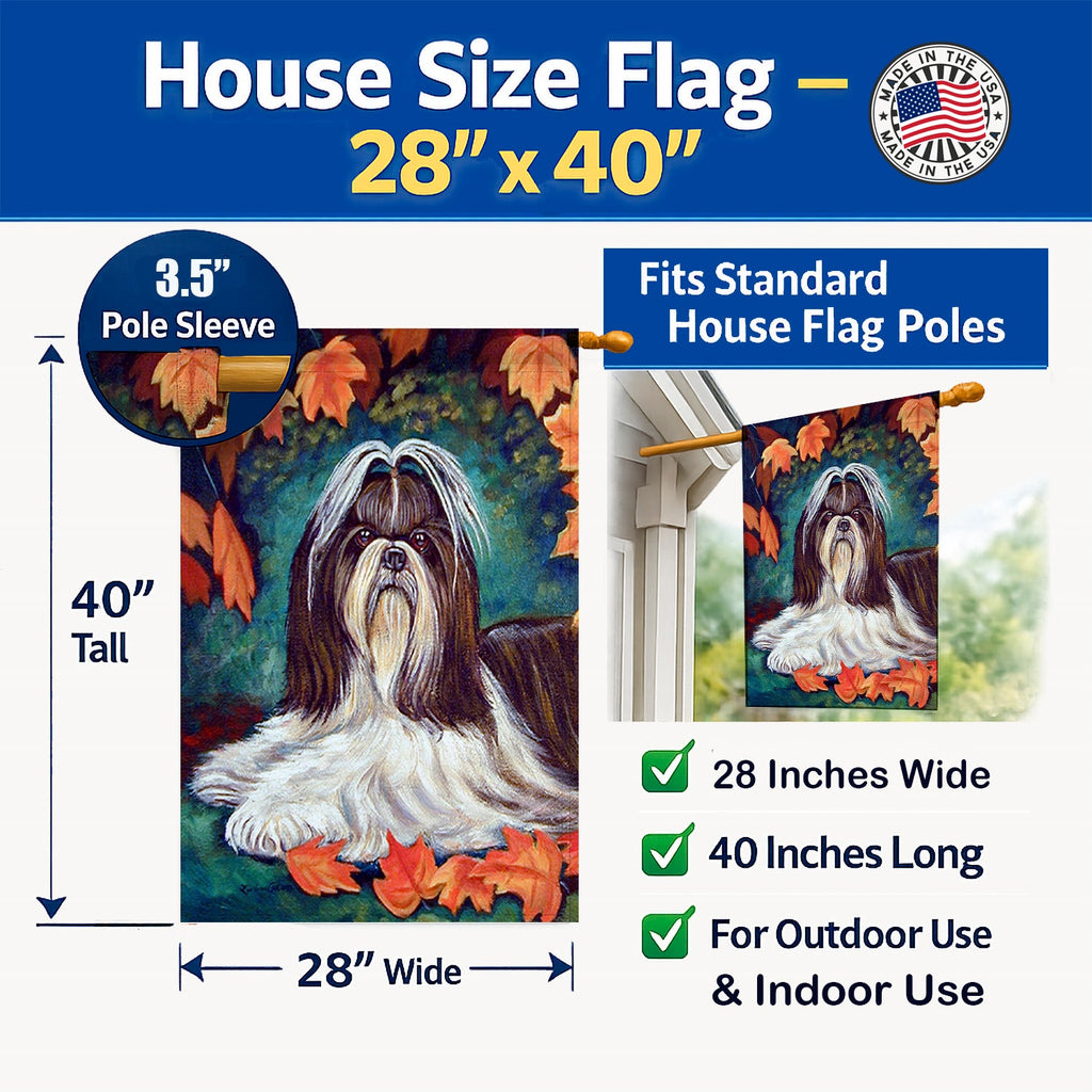 Autumn Leaves Shih Tzu House Flag 28x40 Porch Sleeve Pole Decorative Outside Yard Banner Artwork Wall Hanging, Polyester