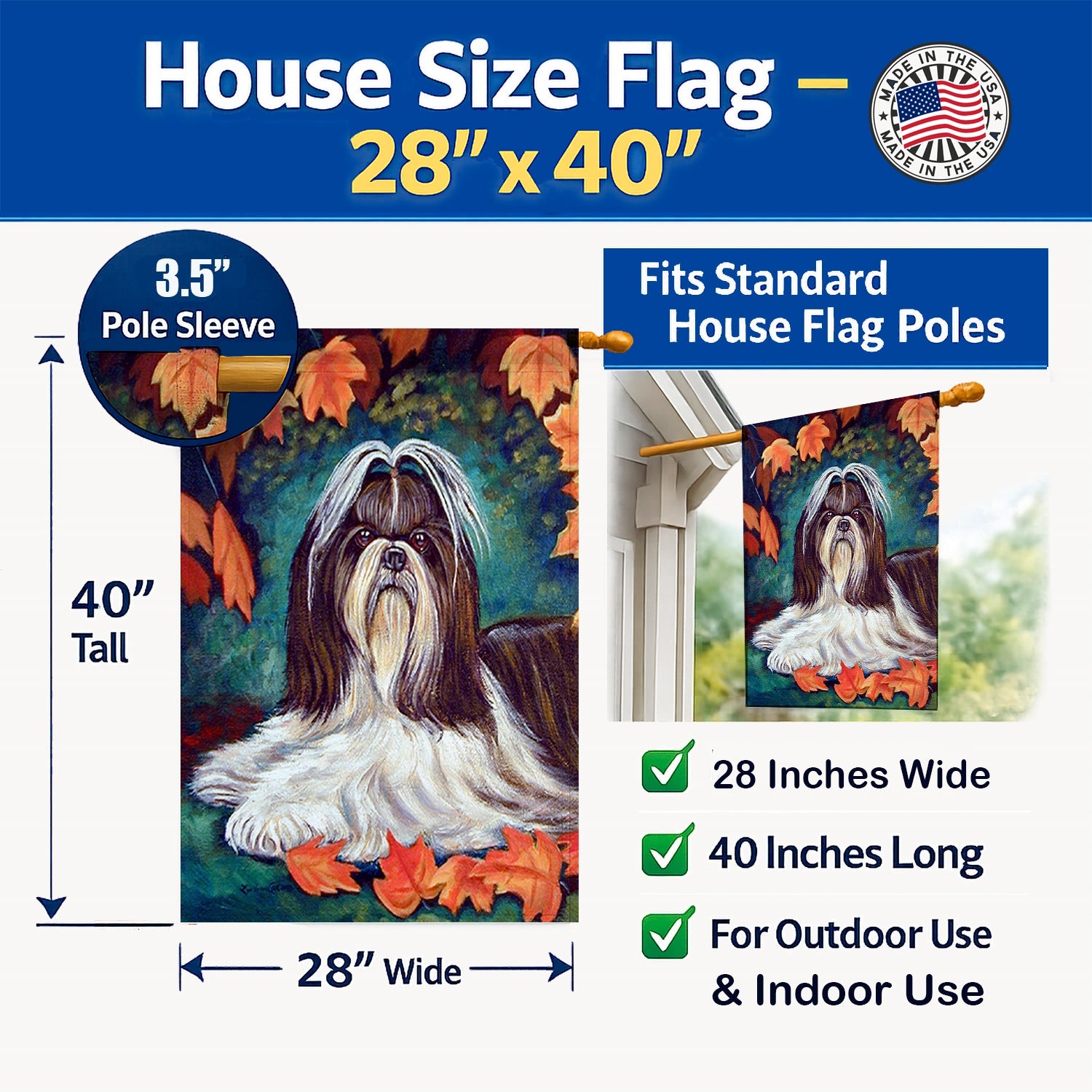 Autumn Leaves Shih Tzu House Flag 28x40 Porch Sleeve Pole Decorative Outside Yard Banner Artwork Wall Hanging, Polyester