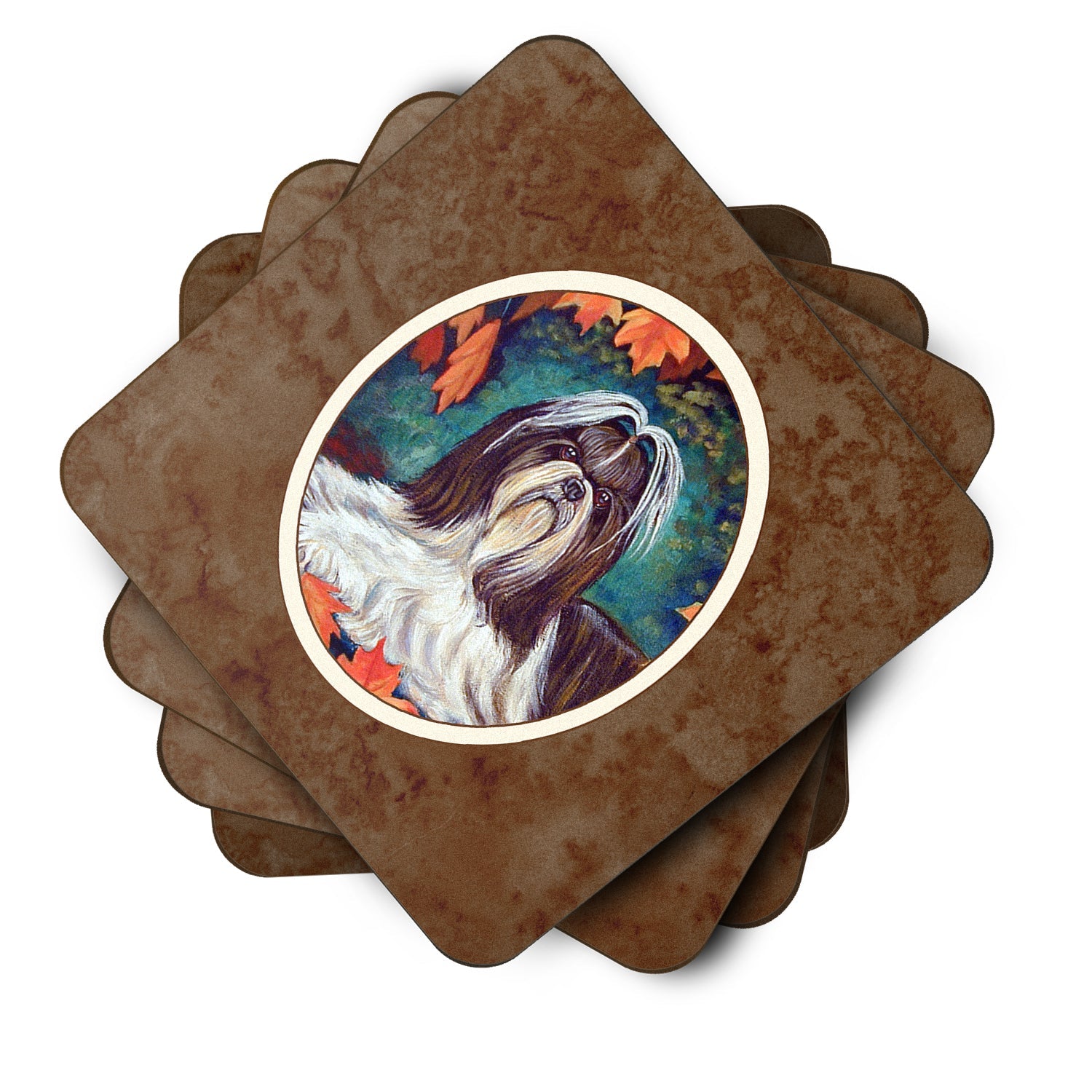 Autumn Leaves Shih Tzu Foam Coasters Set of 4 Cup Coasters for Indoor Outdoor, Tabletop Protection, Anti Slip, Mouse pad Material