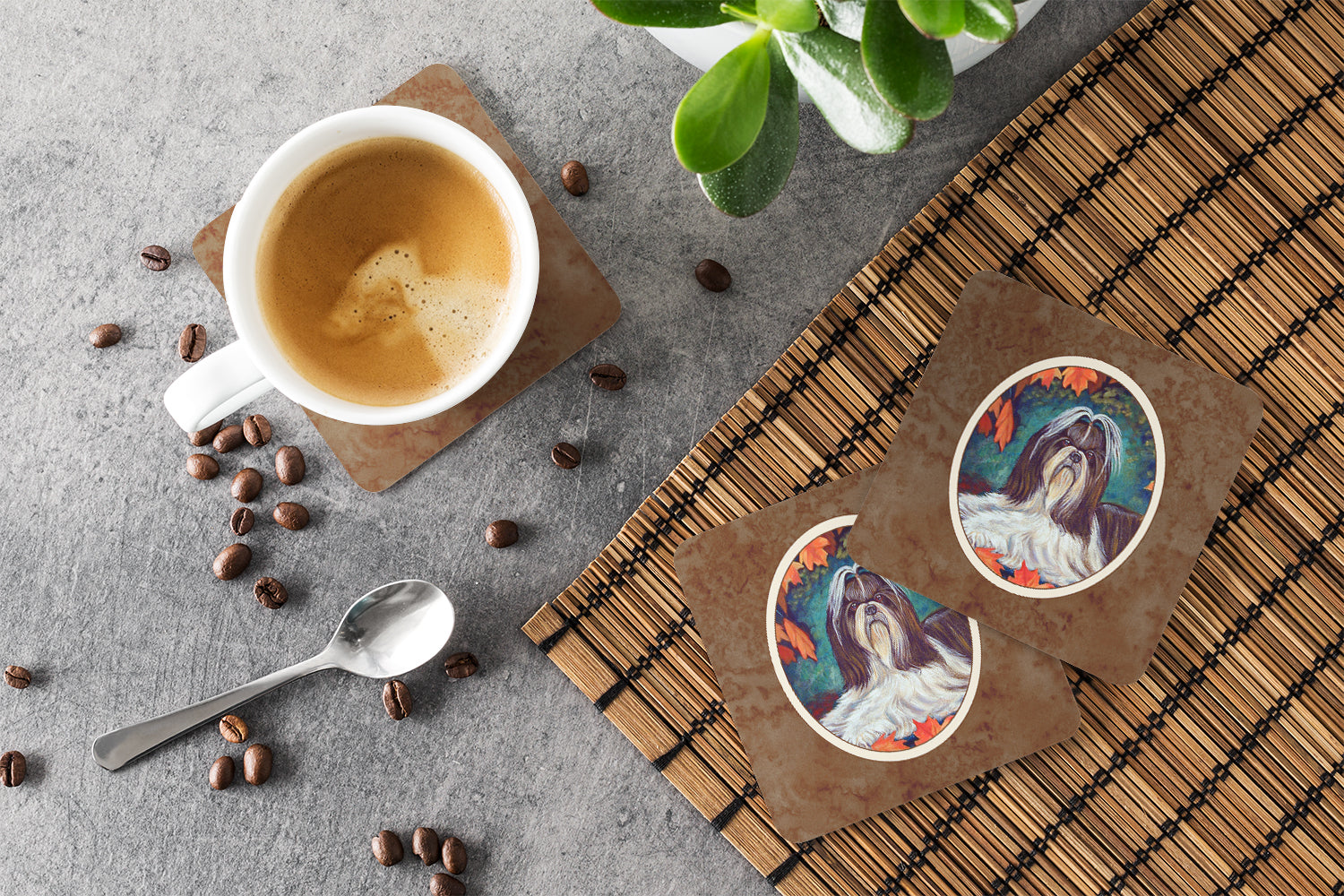 Autumn Leaves Shih Tzu Foam Coasters Set of 4 Cup Coasters for Indoor Outdoor, Tabletop Protection, Anti Slip, Mouse pad Material