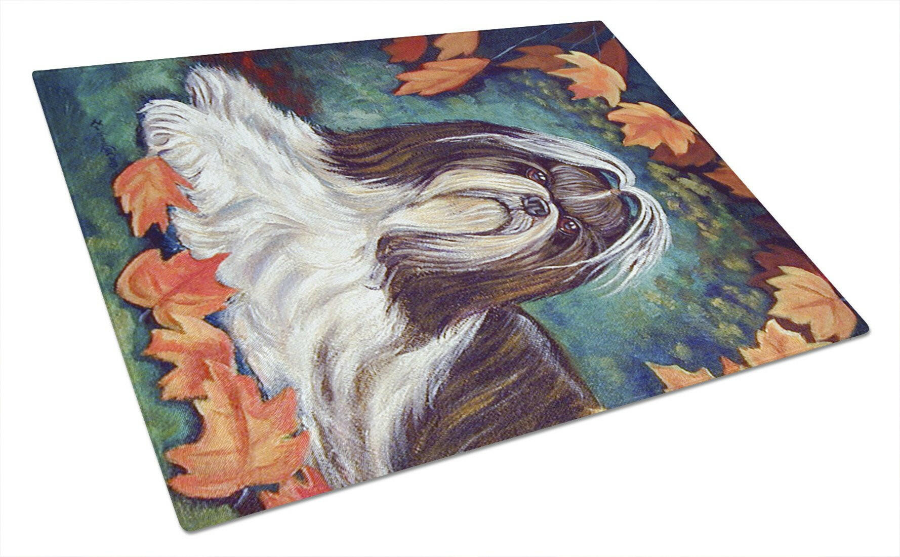 Autumn Leaves Shih Tzu Cutting Board Tempered Glass Kitchen Cutting Surface, Heat Resistant Chopping, Non-Slip Feet, Food Prep & Serving