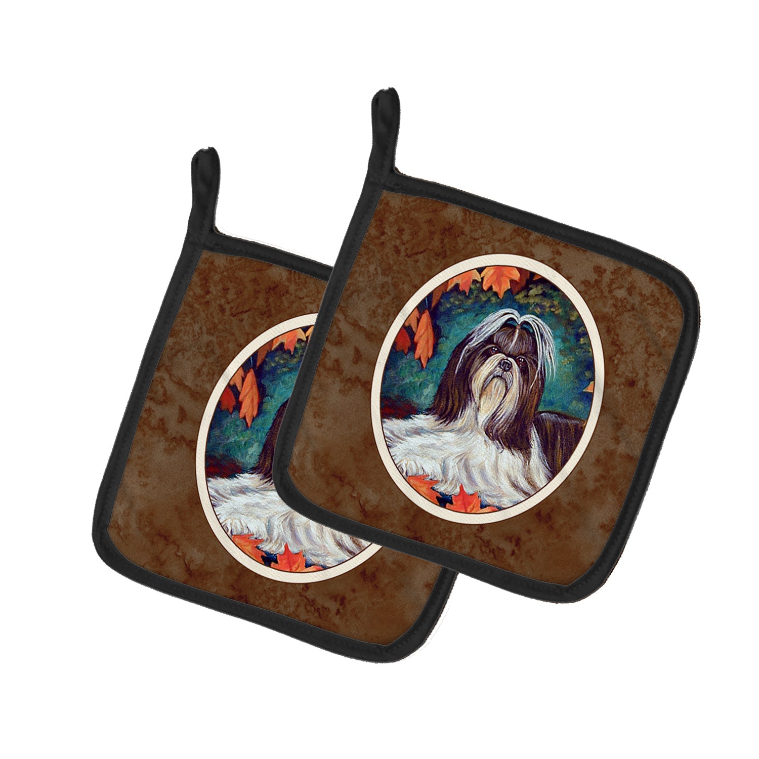 Autumn Leaves Shih Tzu Pot Holder Set of 2 Heat Resistant Quilted Hot Pads 7.5 x 7.5 Inch, Insulated Kitchen Trivets for Cooking & Baking