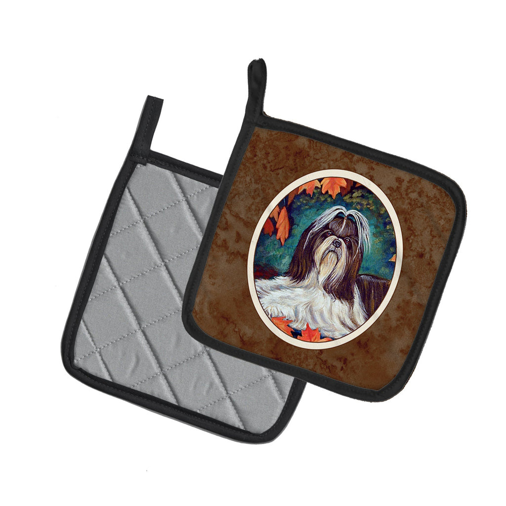 Autumn Leaves Shih Tzu Pot Holder Set of 2 Heat Resistant Quilted Hot Pads 7.5 x 7.5 Inch, Insulated Kitchen Trivets for Cooking & Baking
