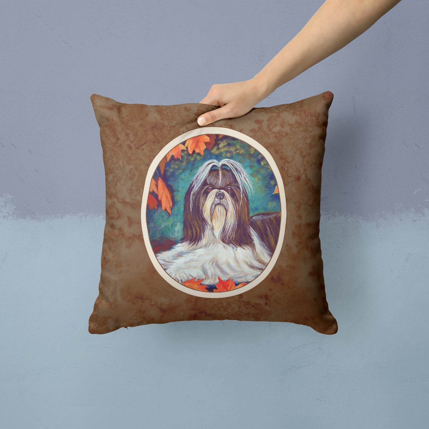 Autumn Leaves Shih Tzu Decorative Throw Pillow 14x14 Indoor Outdoor Accent Cushion, Fabric Cover with Insert for Sofa, Bed, Porch & Living Room