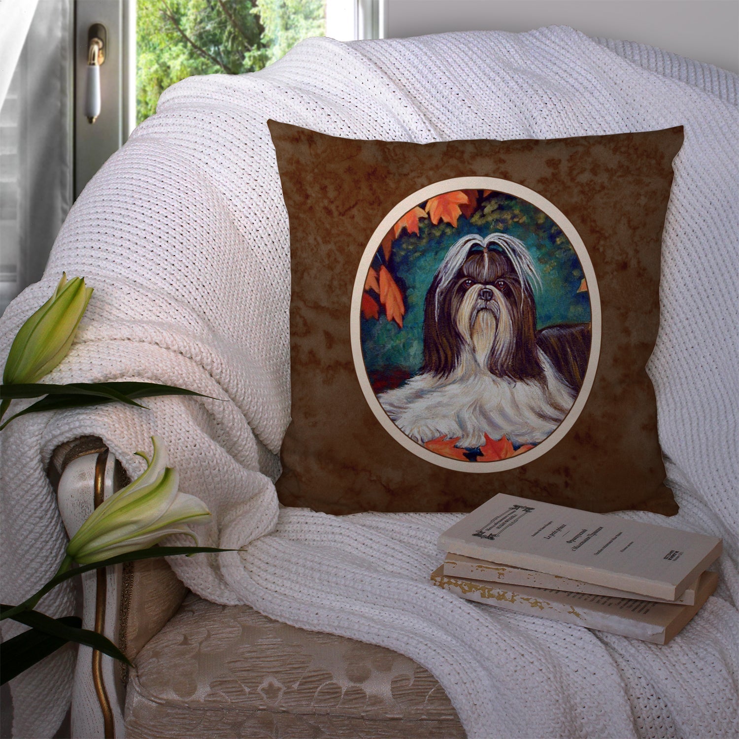 Autumn Leaves Shih Tzu Decorative Throw Pillow 14x14 Indoor Outdoor Accent Cushion, Fabric Cover with Insert for Sofa, Bed, Porch & Living Room