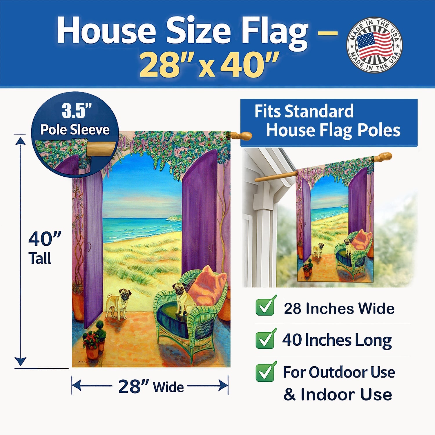 Pug House Flag 28x40 Porch Sleeve Pole Decorative Outside Yard Banner Artwork Wall Hanging, Polyester