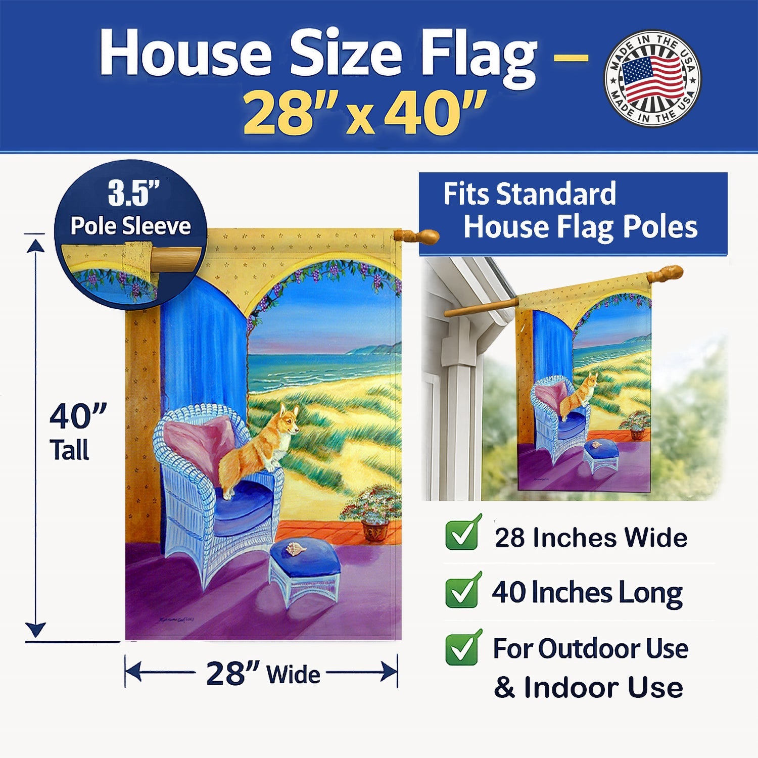 Corgi House Flag 28x40 Porch Sleeve Pole Decorative Outside Yard Banner Artwork Wall Hanging, Polyester