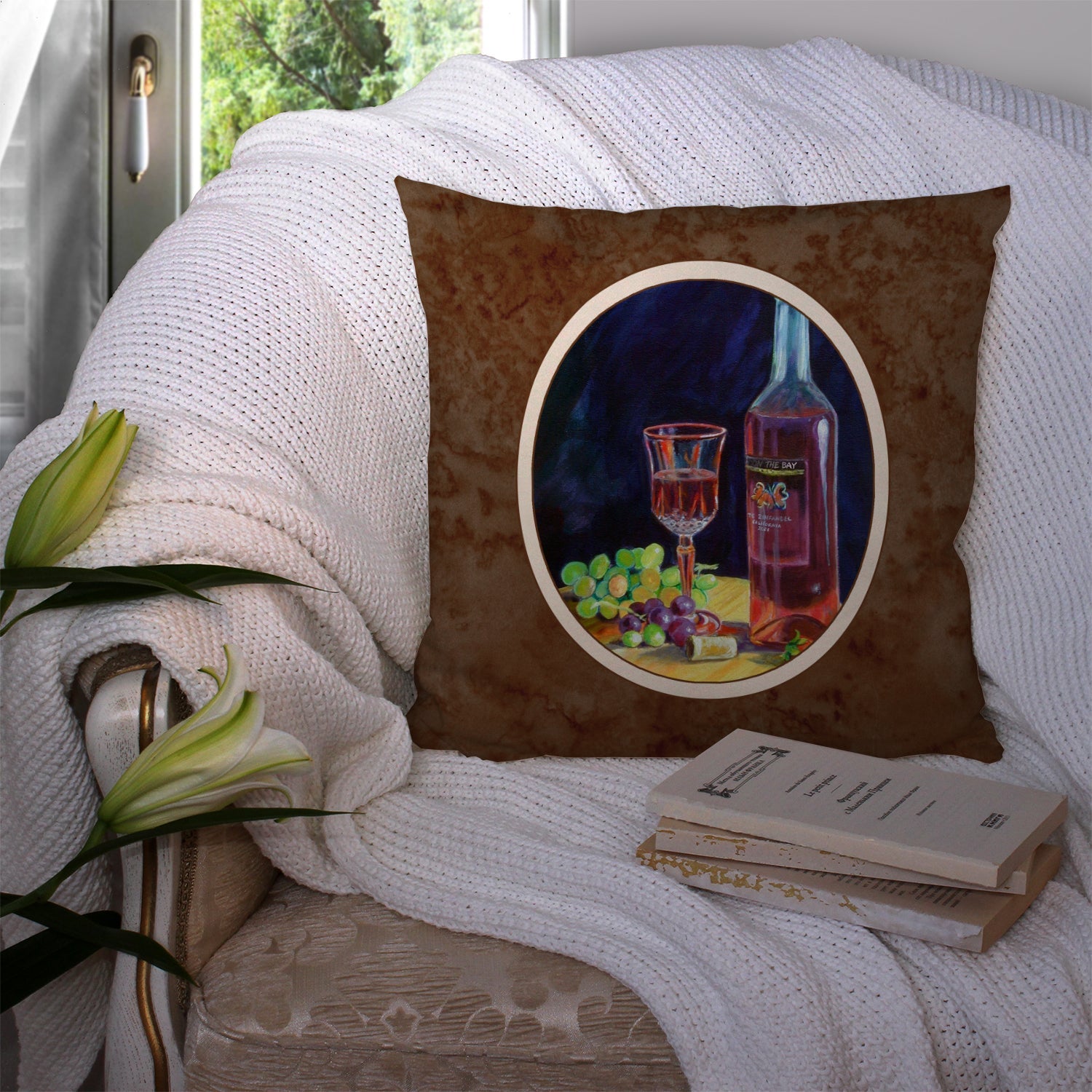 Red Wine Bottle and Glass Decorative Throw Pillow 14x14 Indoor Outdoor Accent Cushion, Fabric Cover with Insert for Sofa, Bed, Porch & Living Room