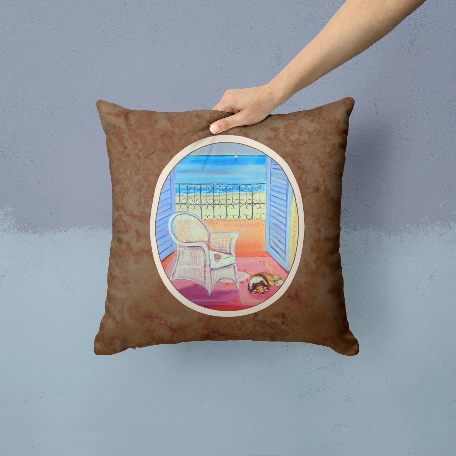 Sheltie waiting on Mom Decorative Throw Pillow 14x14 Indoor Outdoor Accent Cushion, Fabric Cover with Insert for Sofa, Bed, Porch & Living Room