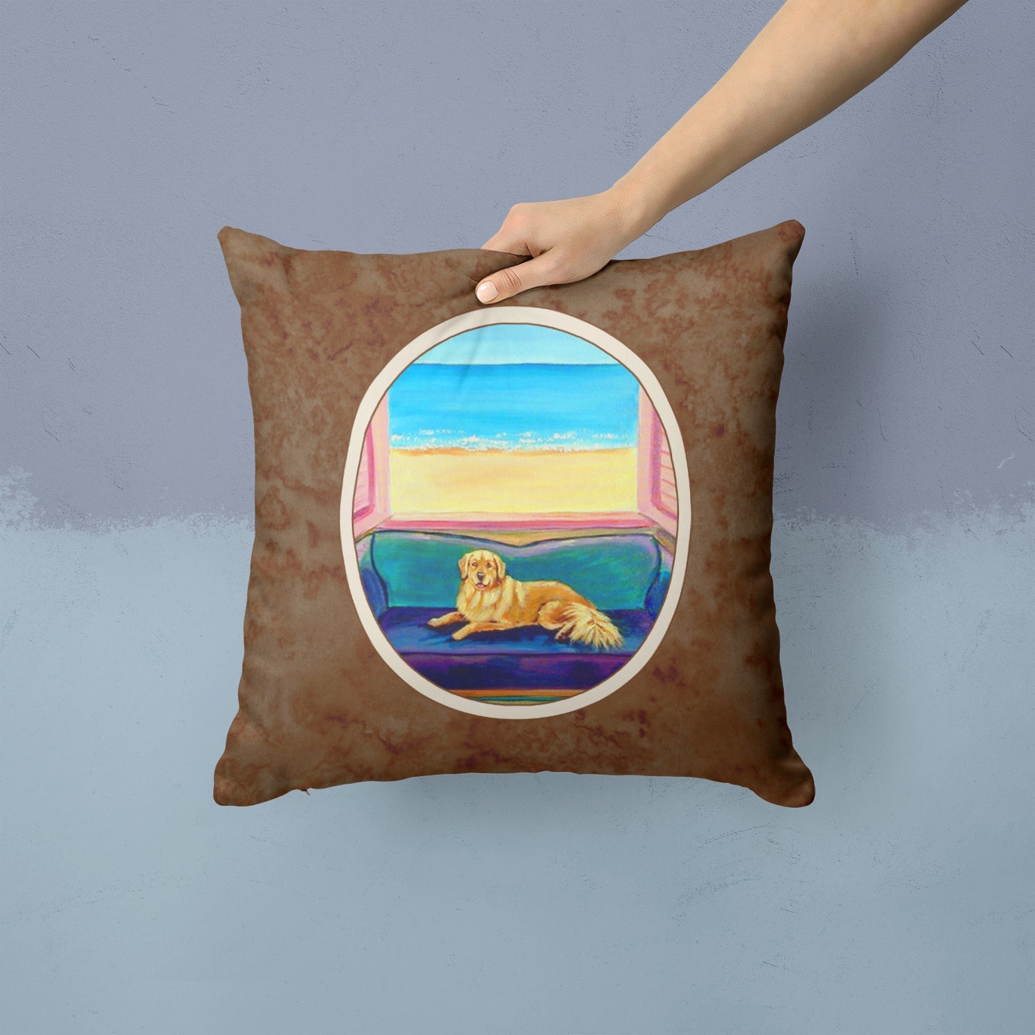 Golden Retriever Couch Sitting Decorative Throw Pillow 14x14 Indoor Outdoor Accent Cushion, Fabric Cover with Insert for Sofa, Bed, Porch & Living Room
