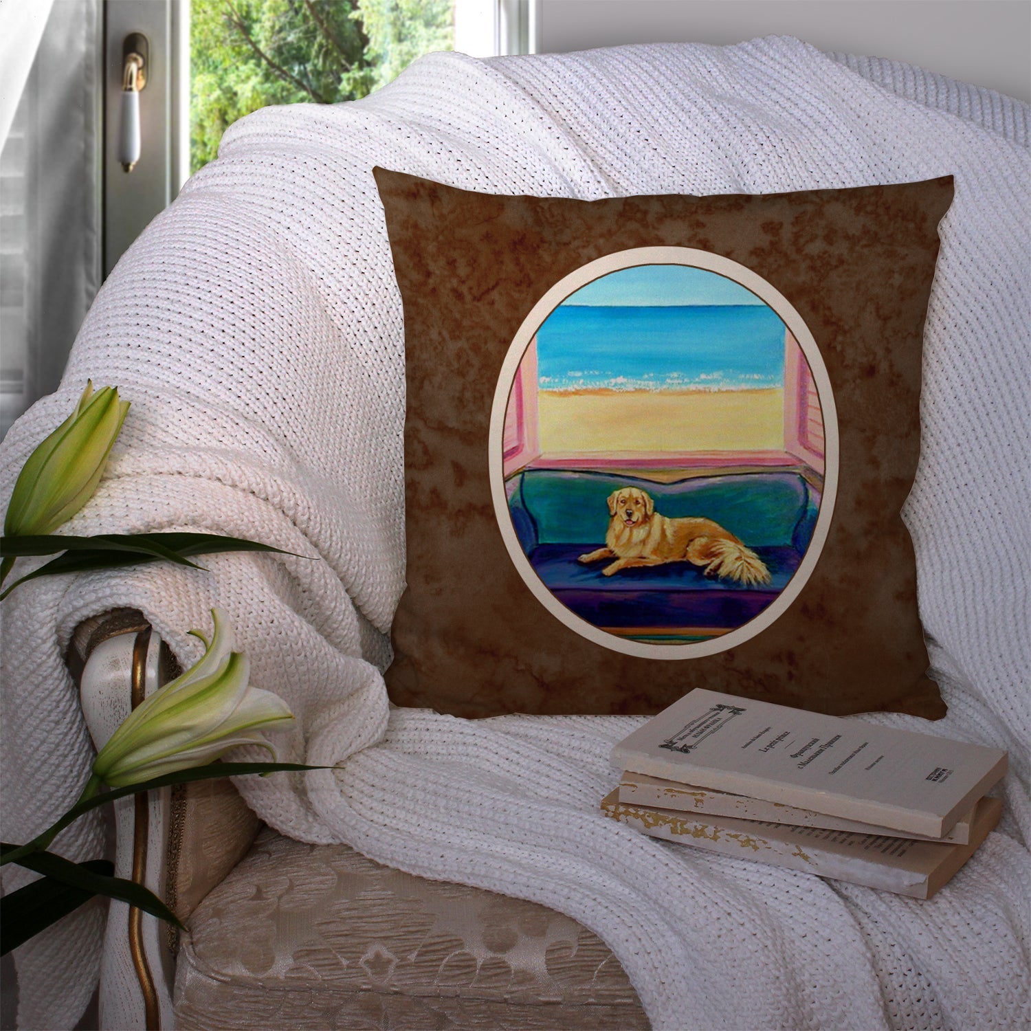 Golden Retriever Couch Sitting Decorative Throw Pillow 14x14 Indoor Outdoor Accent Cushion, Fabric Cover with Insert for Sofa, Bed, Porch & Living Room