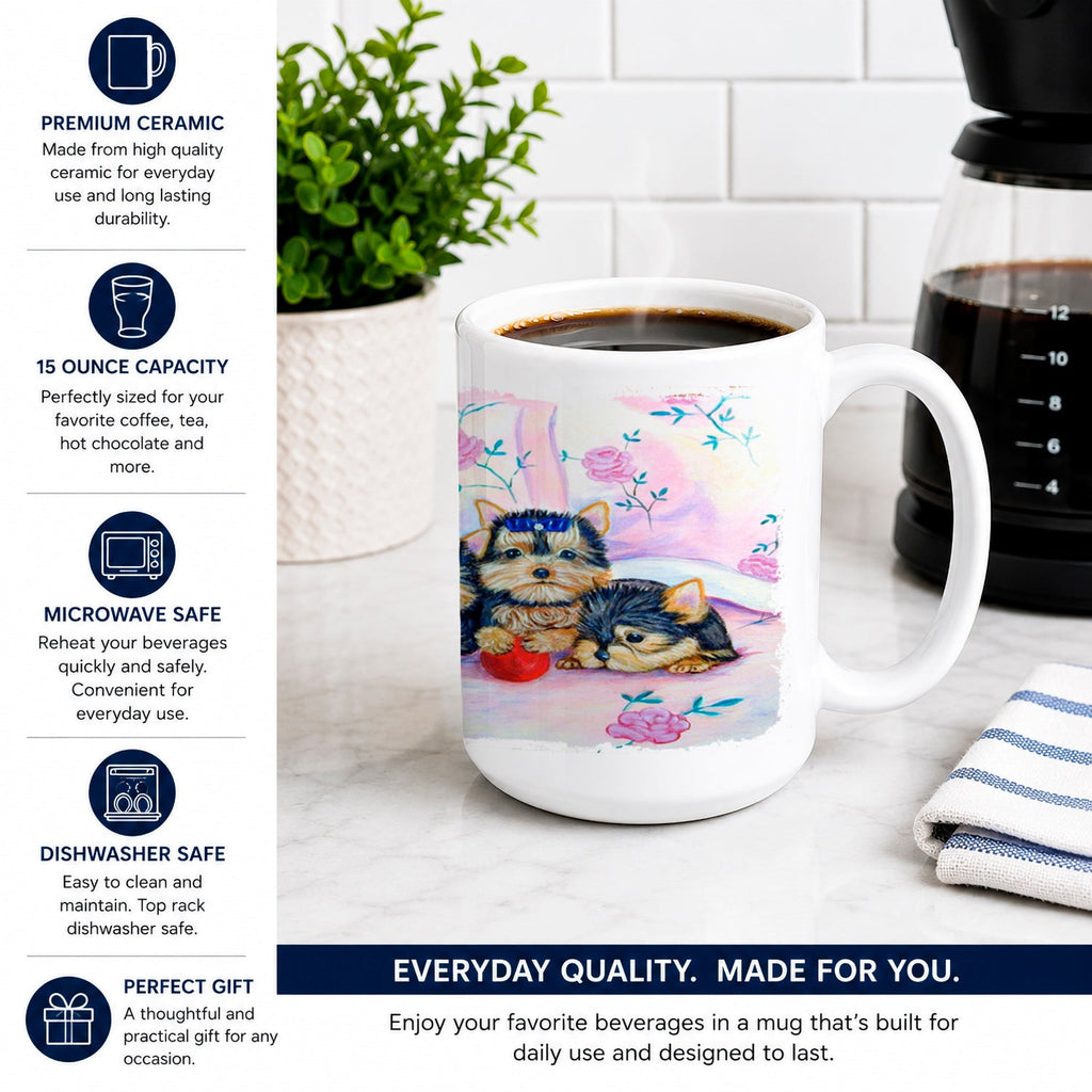 Yorkie Puppies three in a row Ceramic Coffee Mug 15 oz Decorative Large C Handle Mug Cup for Tea, Cocoa Hot Chocolate