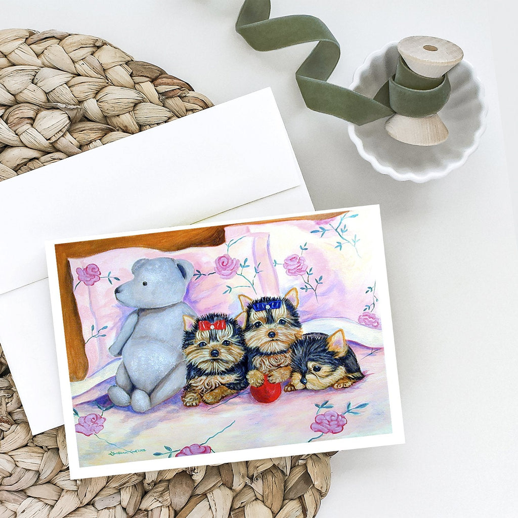 Yorkie Puppies three in a row Greeting Cards Pack of 8 Blank Cards with Envelopes Whimsical A7 Size 5x7
