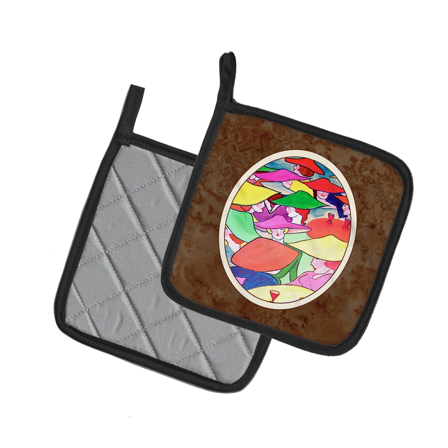 Women in Hats Pot Holder Set of 2 Heat Resistant Quilted Hot Pads 7.5 x 7.5 Inch, Insulated Kitchen Trivets for Cooking & Baking