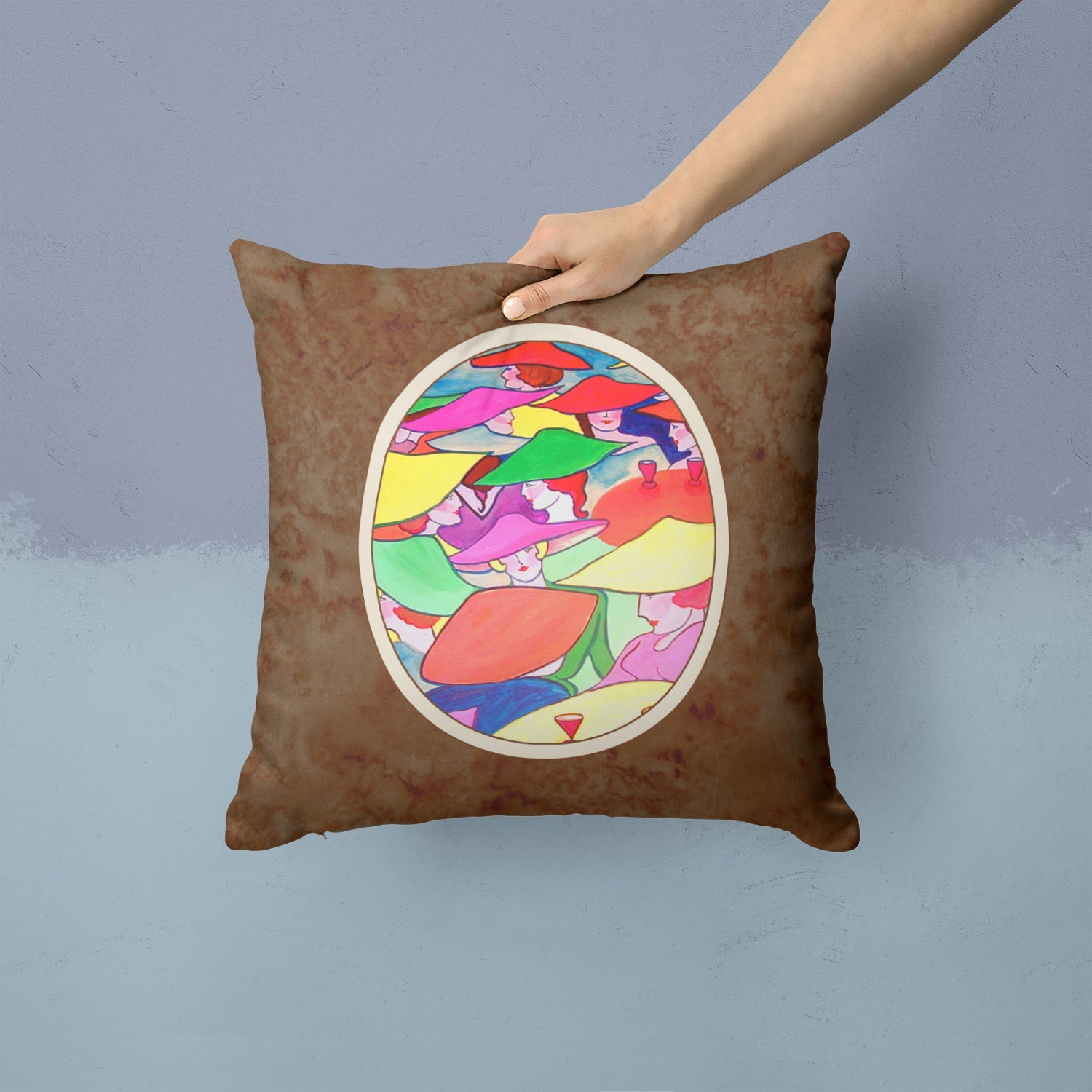 Women in Hats Decorative Throw Pillow 14x14 Indoor Outdoor Accent Cushion, Fabric Cover with Insert for Sofa, Bed, Porch & Living Room