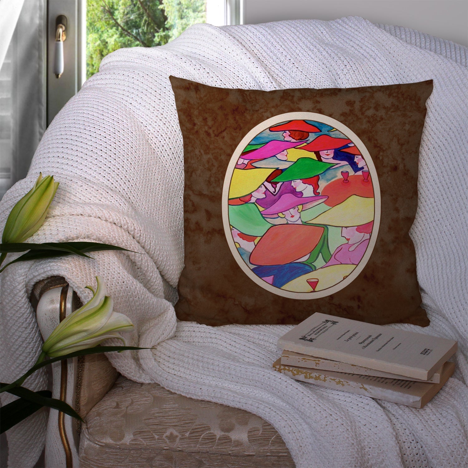 Women in Hats Decorative Throw Pillow 14x14 Indoor Outdoor Accent Cushion, Fabric Cover with Insert for Sofa, Bed, Porch & Living Room