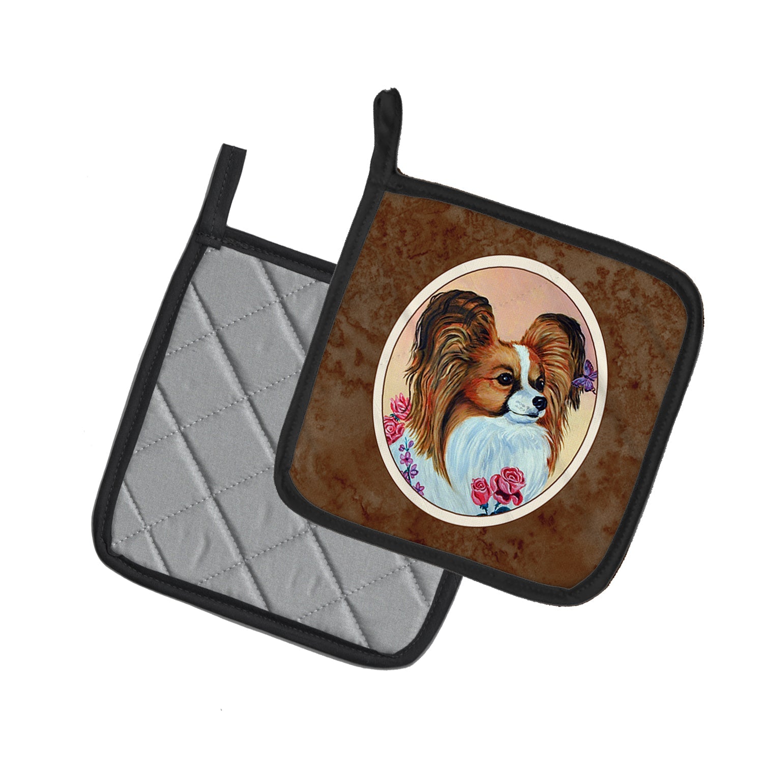 Papillon Rose Pot Holder Set of 2 Heat Resistant Quilted Hot Pads 7.5 x 7.5 Inch, Insulated Kitchen Trivets for Cooking & Baking