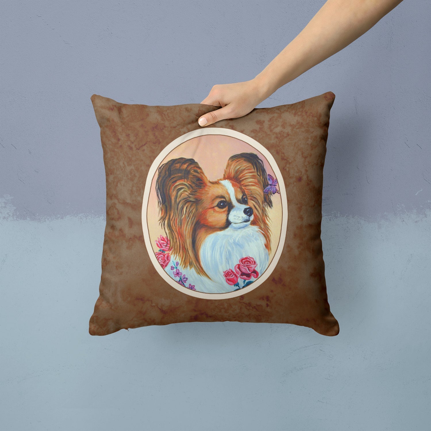 Papillon Rose Decorative Throw Pillow 14x14 Indoor Outdoor Accent Cushion, Fabric Cover with Insert for Sofa, Bed, Porch & Living Room
