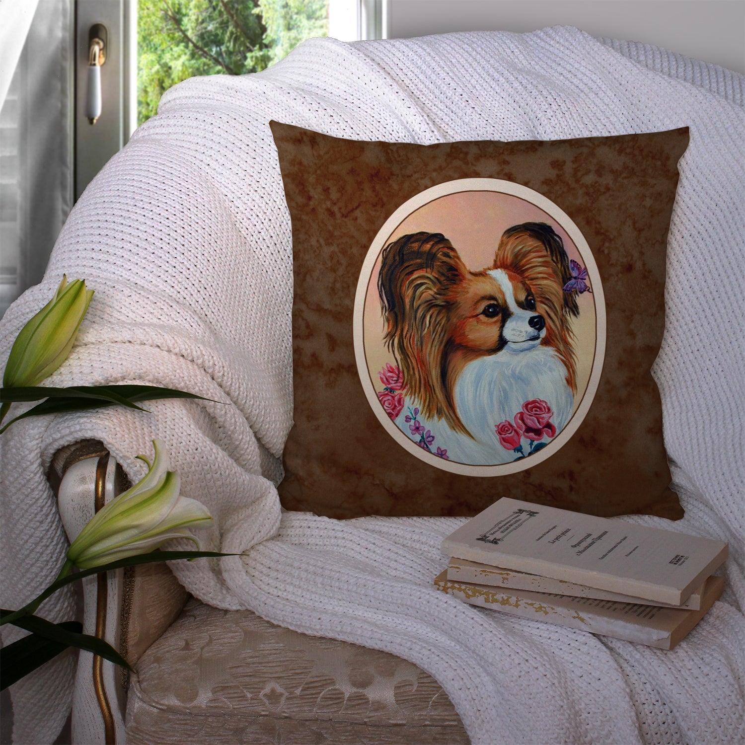 Papillon Rose Decorative Throw Pillow 14x14 Indoor Outdoor Accent Cushion, Fabric Cover with Insert for Sofa, Bed, Porch & Living Room