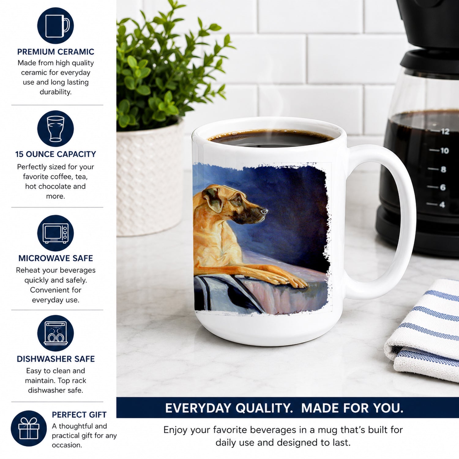 Natural Fawn Great Dane Ceramic Coffee Mug 15 oz Decorative Large C Handle Mug Cup for Tea, Cocoa Hot Chocolate