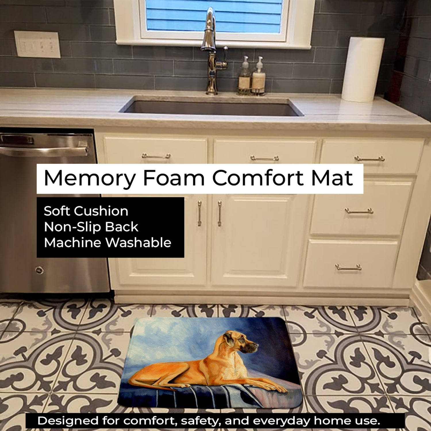 Natural Fawn Great Dane Memory Foam Kitchen Mat Machine Washable Anti-Fatigue Cushion Comfort Bath or Kitchen Rug
