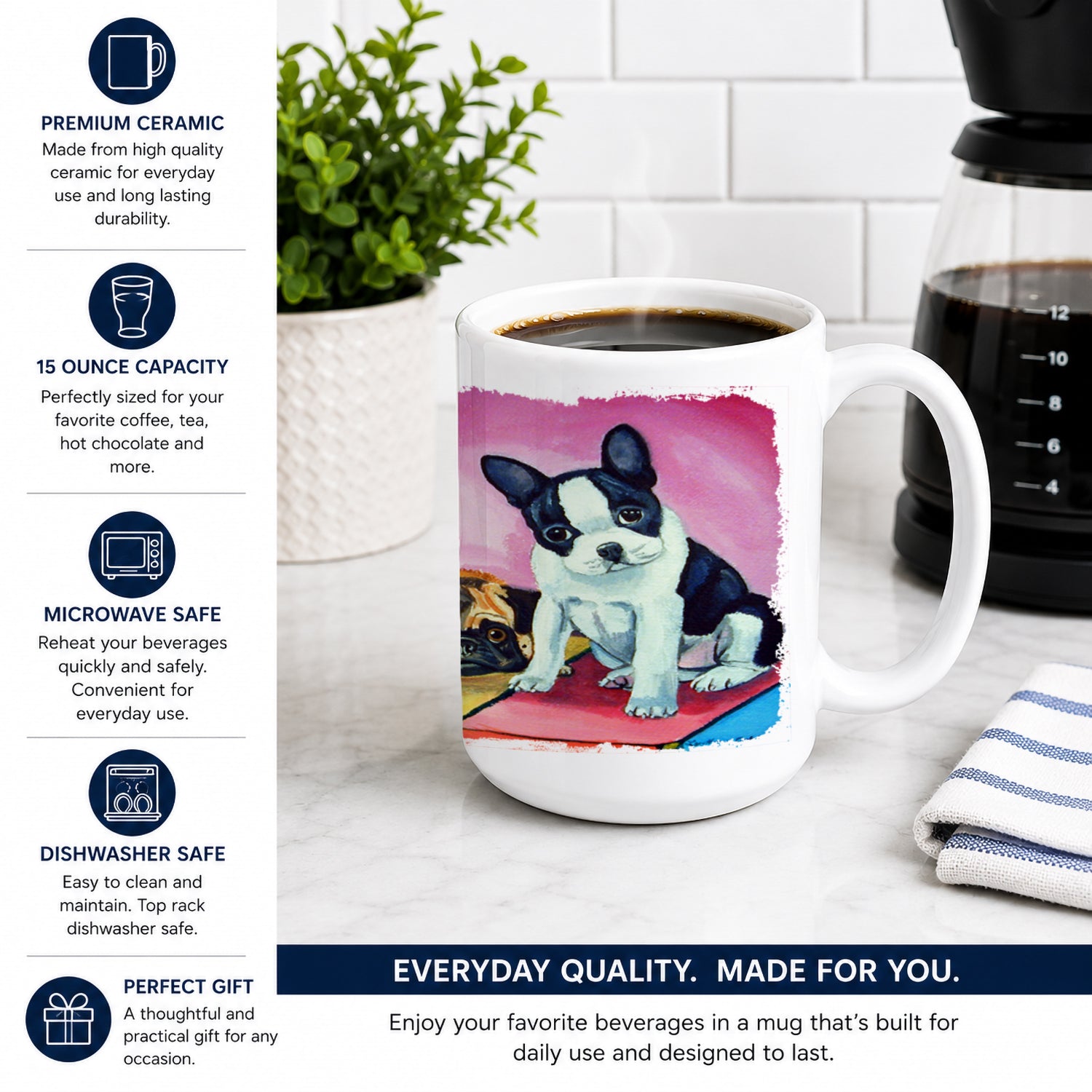Multiple Breeds Ceramic Coffee Mug 15 oz Decorative Large C Handle Mug Cup for Tea, Cocoa Hot Chocolate