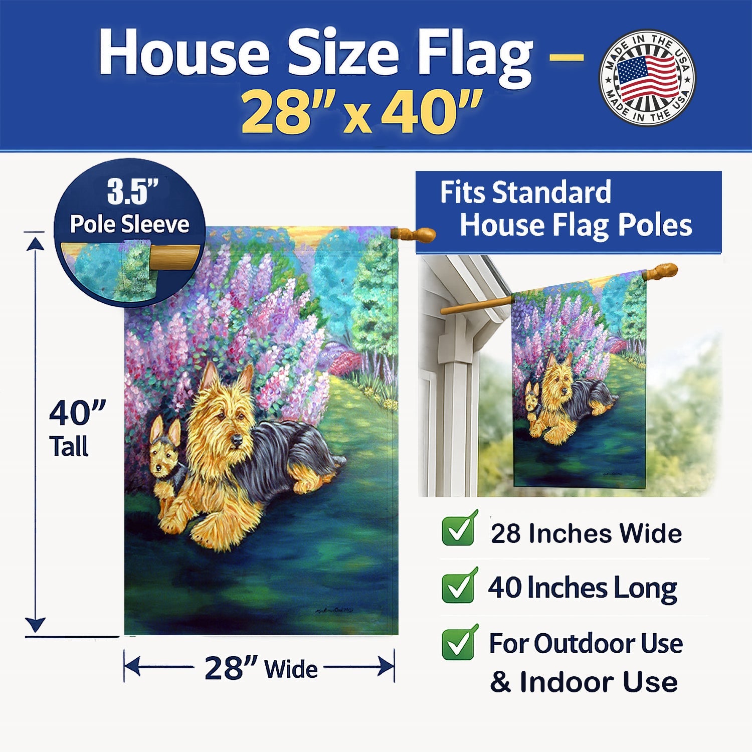 Australian Terrier and Puppy House Flag 28x40 Porch Sleeve Pole Decorative Outside Yard Banner Artwork Wall Hanging, Polyester