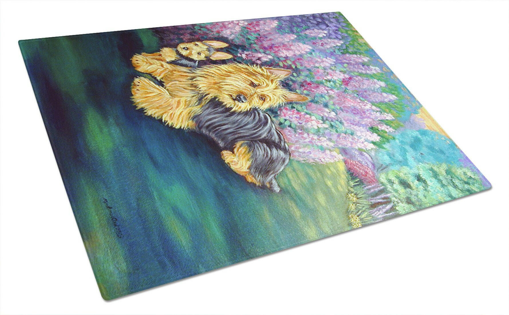 Australian Terrier and Puppy Cutting Board Tempered Glass Kitchen Cutting Surface, Heat Resistant Chopping, Non-Slip Feet, Food Prep & Serving
