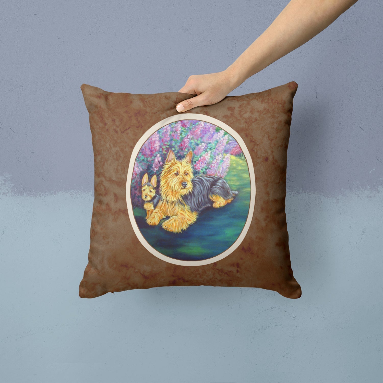 Australian Terrier and Puppy Decorative Throw Pillow 14x14 Indoor Outdoor Accent Cushion, Fabric Cover with Insert for Sofa, Bed, Porch & Living Room