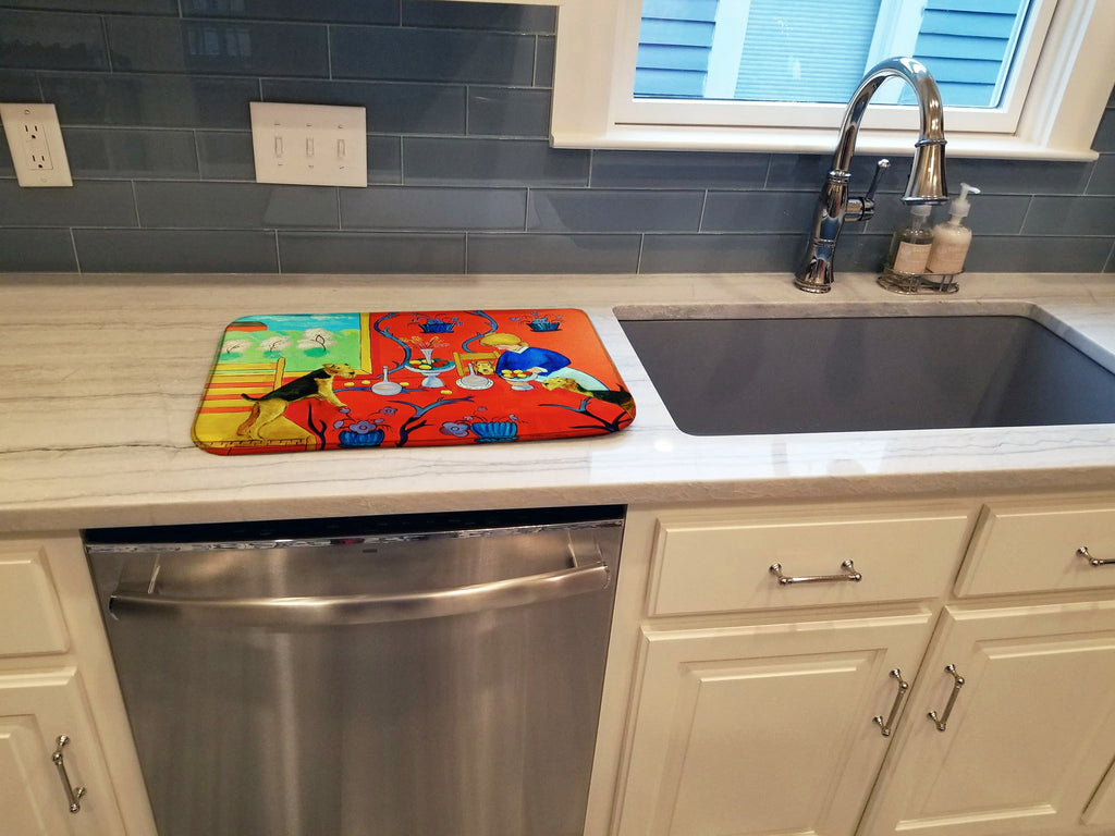 Airedale Terrier with lady in the kitchen Dish Drying Mat Absorbent Dish Drying Mat Pad for Kitchen Counter Dish Drainer Mat for Countertop, 14 x 21", Multicolor