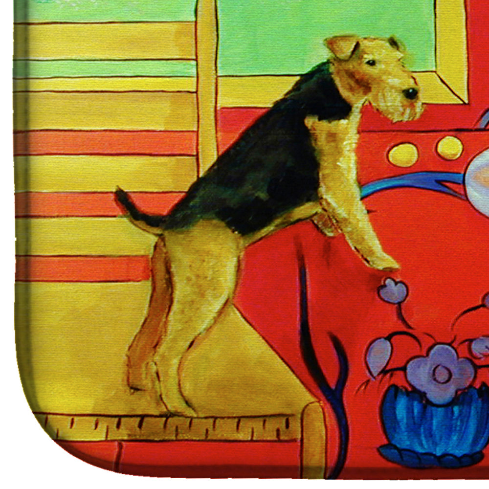 Airedale Terrier with lady in the kitchen Dish Drying Mat Absorbent Dish Drying Mat Pad for Kitchen Counter Dish Drainer Mat for Countertop, 14 x 21", Multicolor
