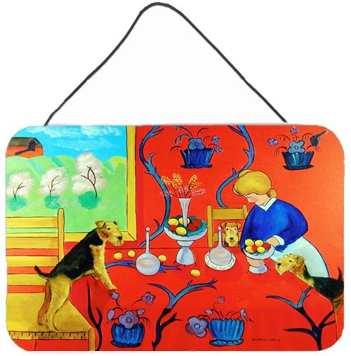 Airedale Terrier with lady in the kitchen Wall or Door Hanging Prints Aluminum Metal Sign Kitchen Wall Bar Bathroom Plaque Home Decor, 8HX12W, Multicolor