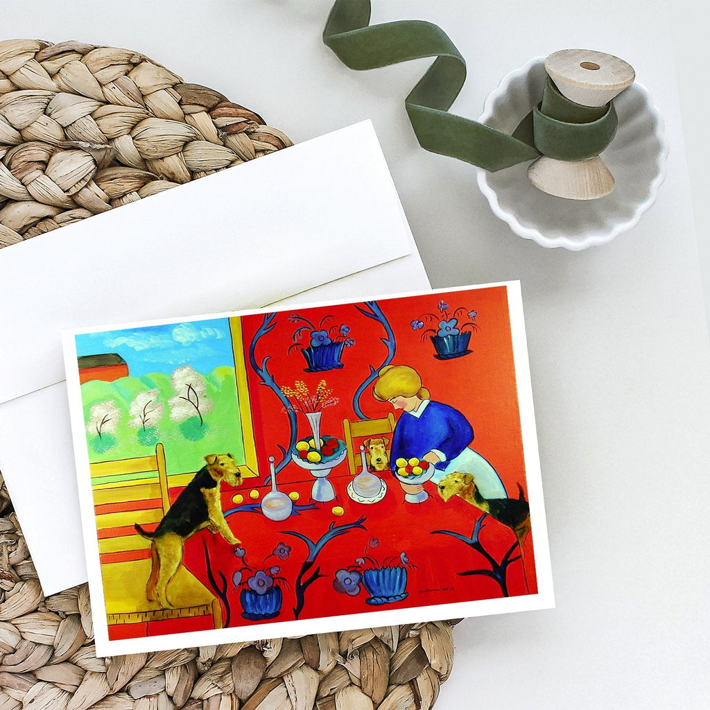Airedale Terrier with lady in the kitchen Greeting Cards Pack of 8 Blank Cards with Envelopes Whimsical A7 Size 5x7