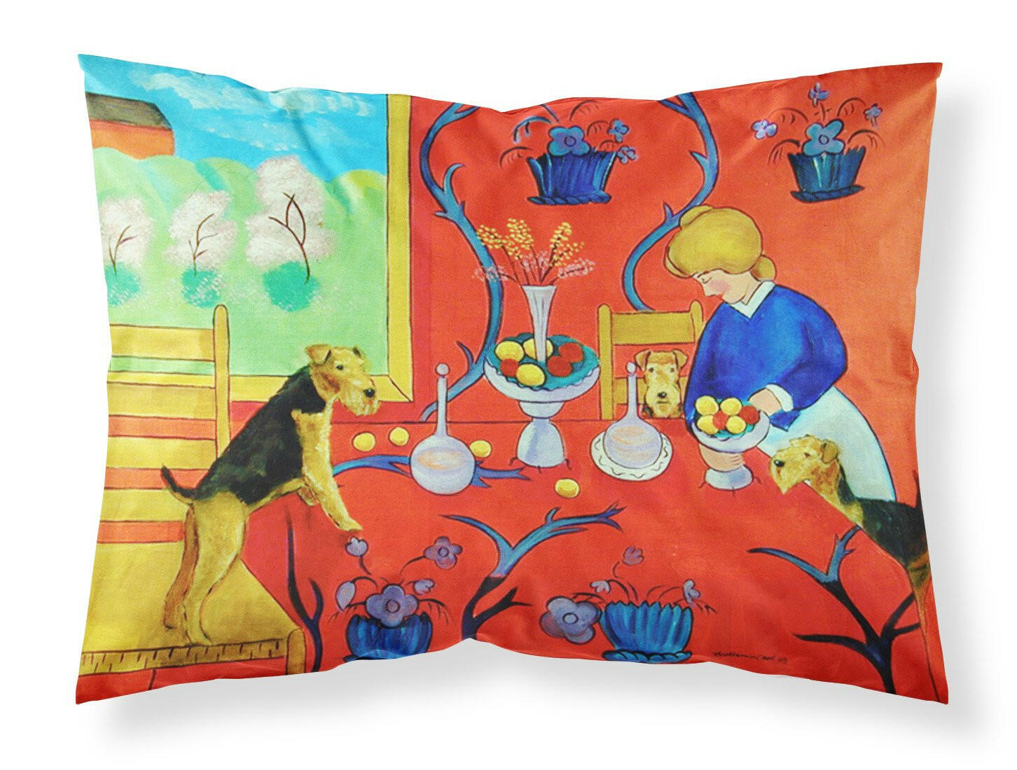 Airedale Terrier with lady in the kitchen Standard Pillowcase Lightweight Super Soft Easy Care Decorative Artwork Pillowcase, Standard
