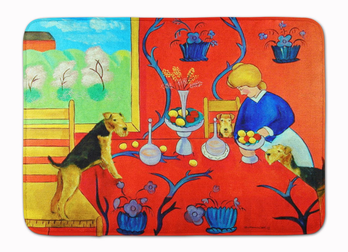 Airedale Terrier with lady in the kitchen Memory Foam Kitchen Mat Machine Washable Anti-Fatigue Cushion Comfort Bath or Kitchen Rug