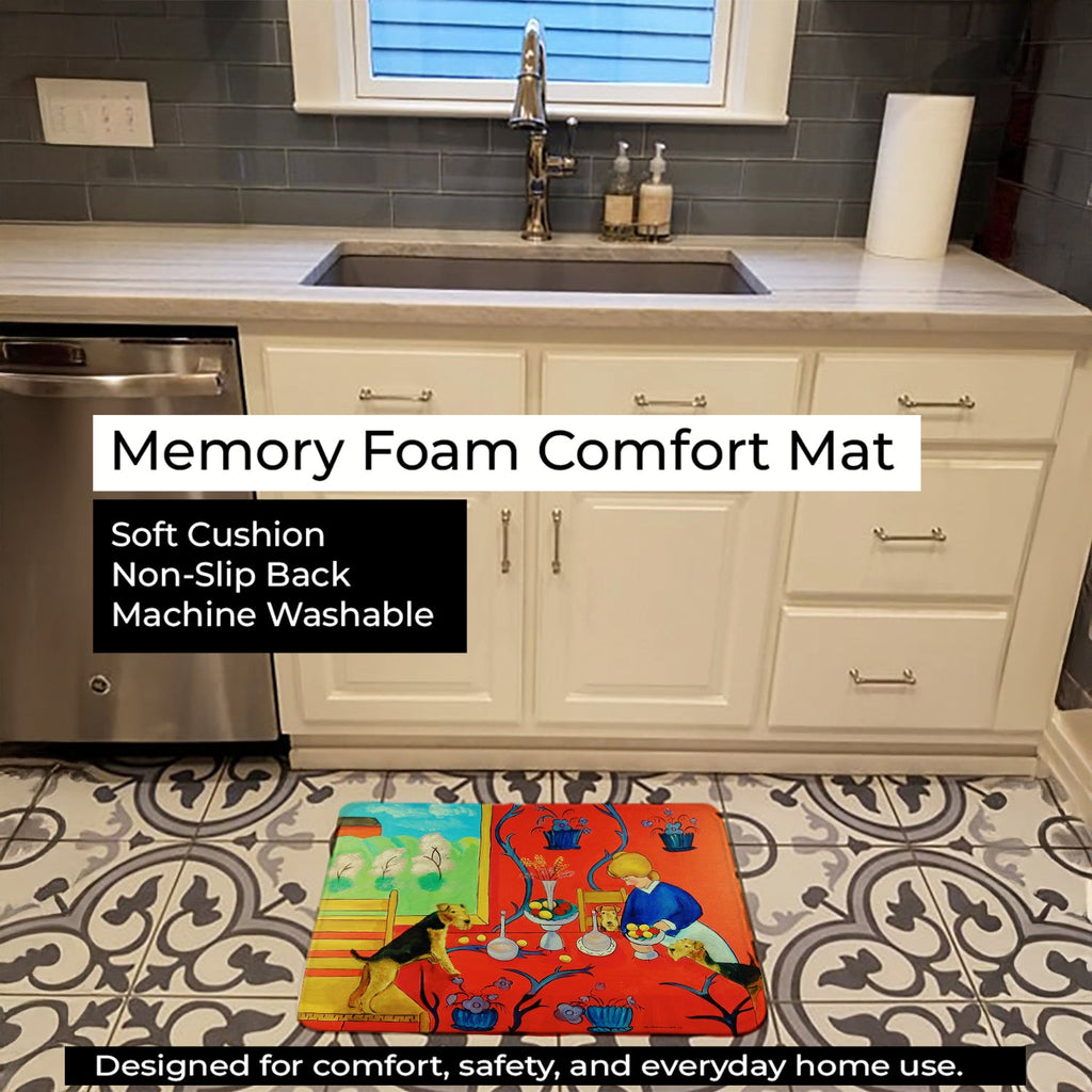Airedale Terrier with lady in the kitchen Memory Foam Kitchen Mat Machine Washable Anti-Fatigue Cushion Comfort Bath or Kitchen Rug