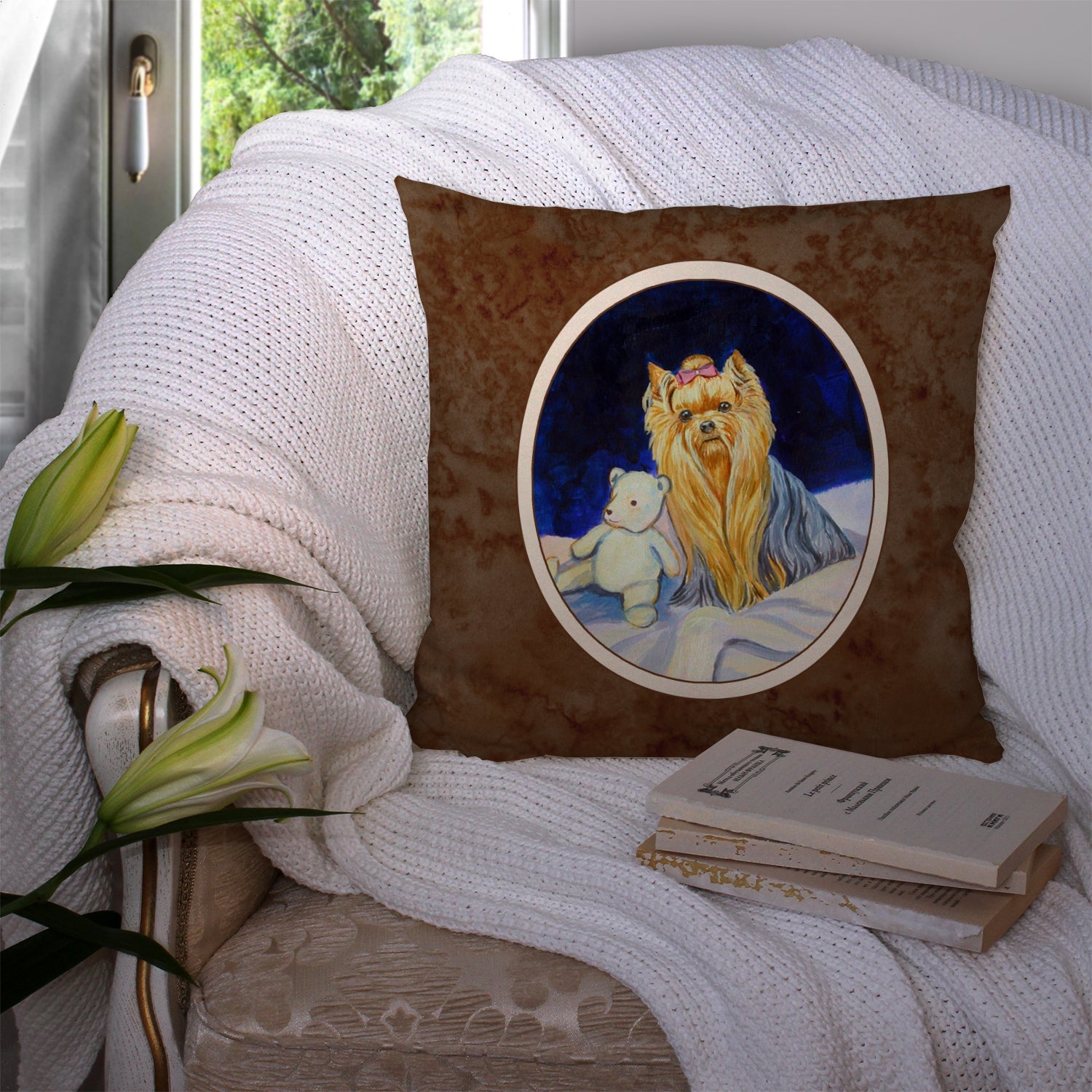 Yorkie Decorative Throw Pillow 14x14 Indoor Outdoor Accent Cushion, Fabric Cover with Insert for Sofa, Bed, Porch & Living Room