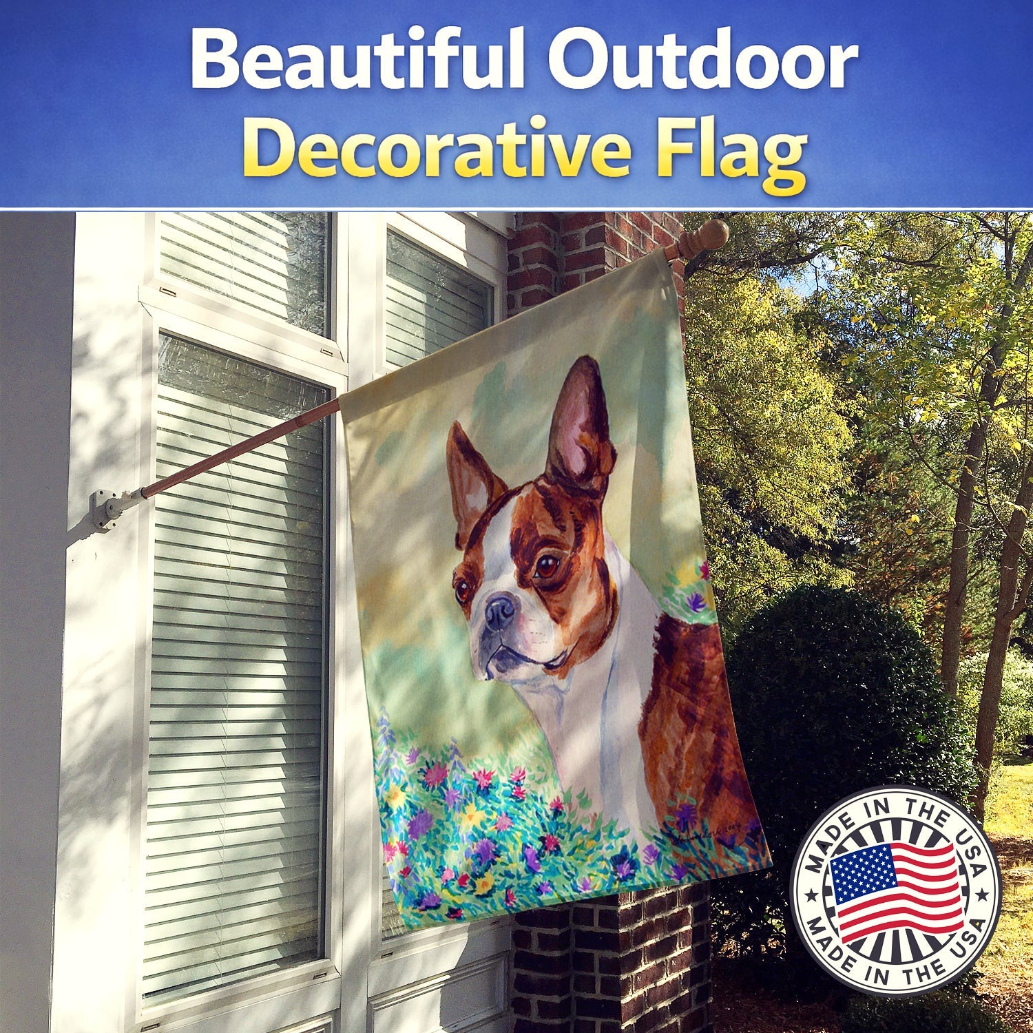 Red and White Boston Terrier House Flag 28x40 Porch Sleeve Pole Decorative Outside Yard Banner Artwork Wall Hanging, Polyester