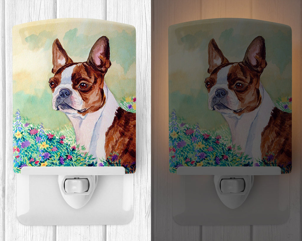 Red and White Boston Terrier Ceramic Night Light Compact, UL-Certified, Ideal for Bedroom, Bathroom, Nursery, Hallway, Kitchen, 6x4x3, Multicolor