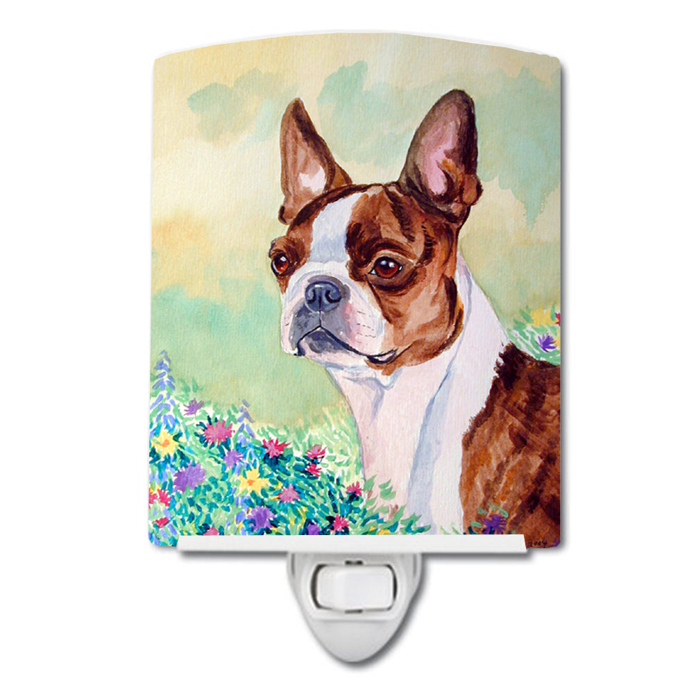 Red and White Boston Terrier Ceramic Night Light Compact, UL-Certified, Ideal for Bedroom, Bathroom, Nursery, Hallway, Kitchen, 6x4x3, Multicolor