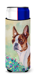 Red and White Boston Terrier Slim Can Hugger , Insulated Foam Hugger for 12 oz Slim Cans, Beer Bottles & Water Bottles, Printed in USA
