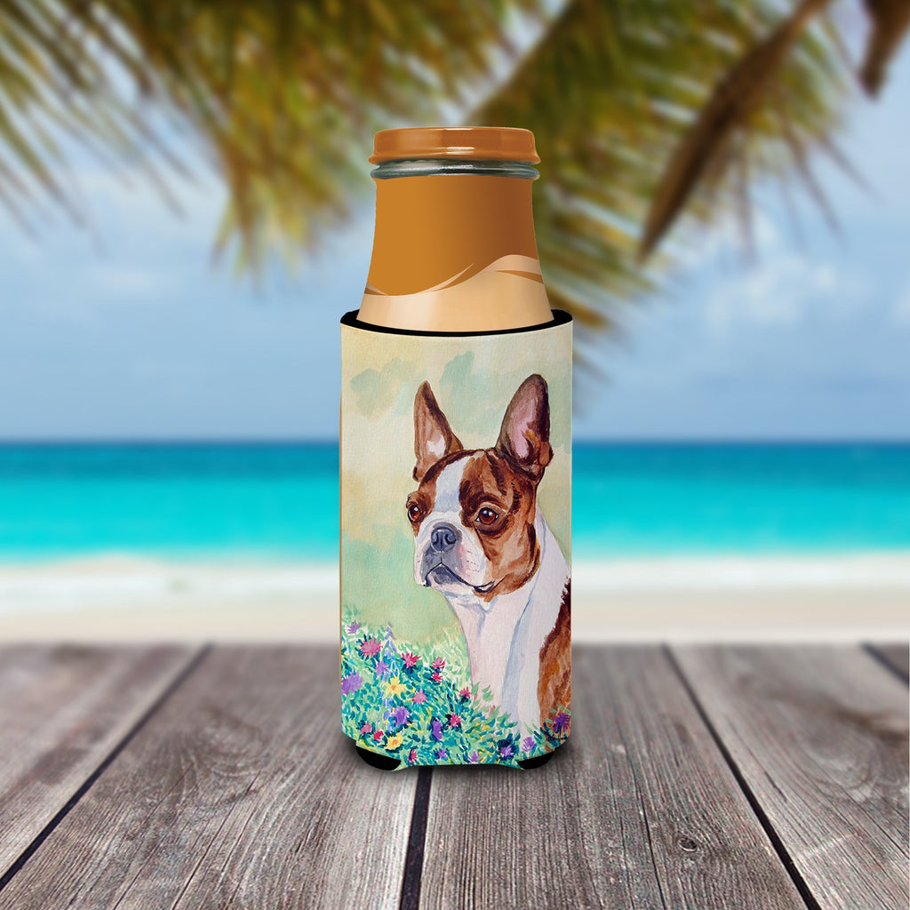Red and White Boston Terrier Slim Can Hugger , Insulated Foam Hugger for 12 oz Slim Cans, Beer Bottles & Water Bottles, Printed in USA