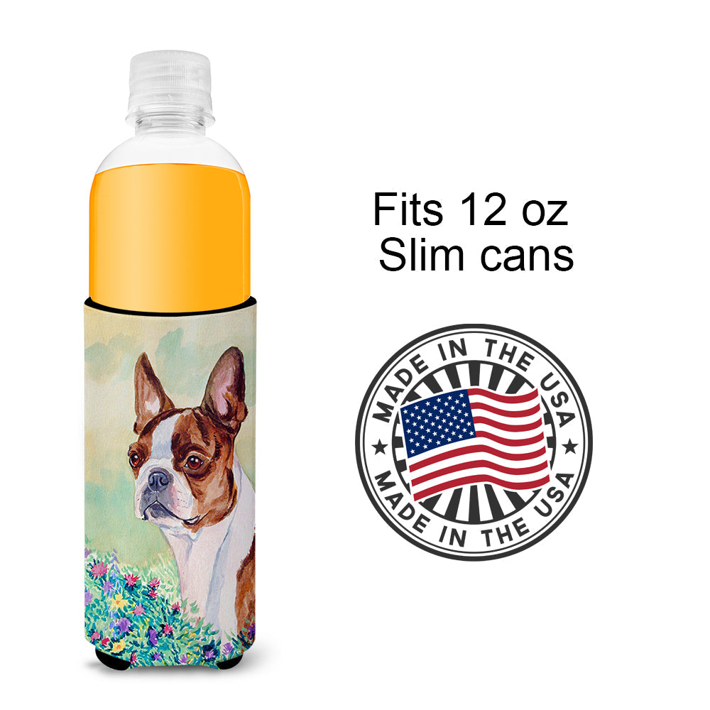 Red and White Boston Terrier Slim Can Hugger , Insulated Foam Hugger for 12 oz Slim Cans, Beer Bottles & Water Bottles, Printed in USA