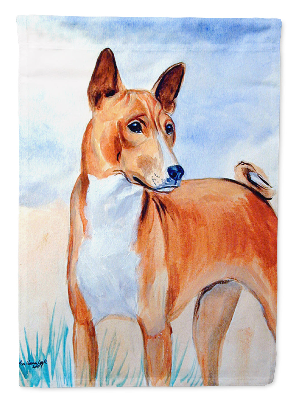 Red and White Basenji House Flag 28x40 Porch Sleeve Pole Decorative Outside Yard Banner Artwork Wall Hanging, Polyester