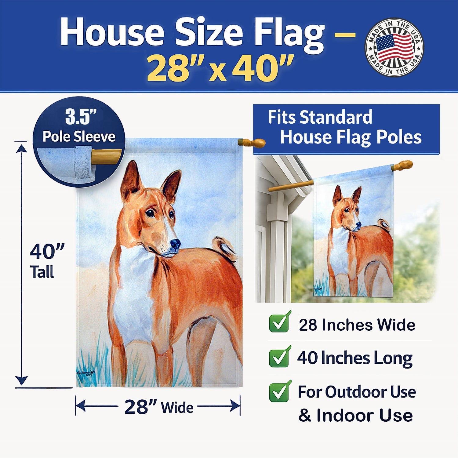 Red and White Basenji House Flag 28x40 Porch Sleeve Pole Decorative Outside Yard Banner Artwork Wall Hanging, Polyester