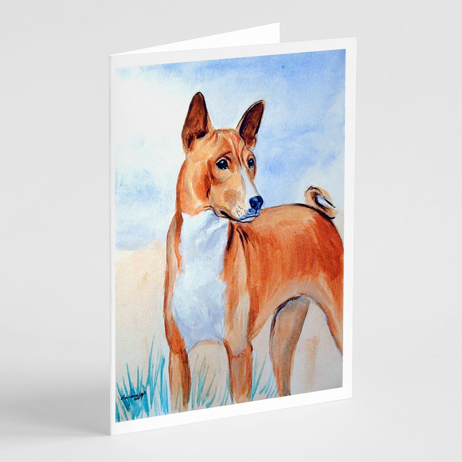 Red and White Basenji Greeting Cards Pack of 8 Blank Cards with Envelopes Whimsical A7 Size 5x7